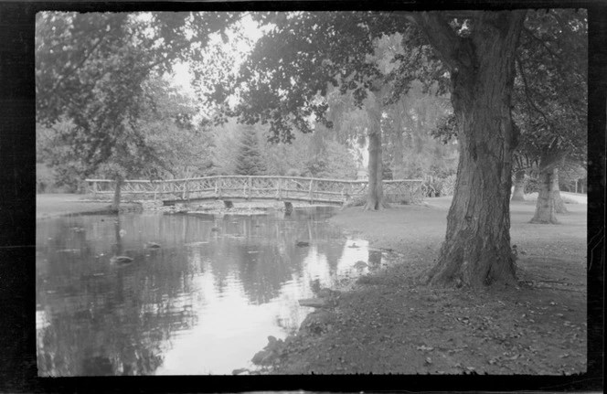 Park scene, including foot bridge ove... | Items | National Library of New  Zealand | National Library of New Zealand