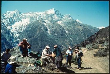 Image: [Sir Edmund Hillary, Lady June Hillary hiking rest stop, Nepal]