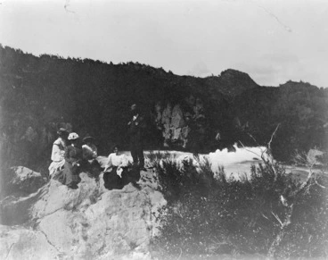 Image: Cook, Mr :Photograph of holiday group including Katherine Mansfield at Aratiatia Rapids, ca 1906
