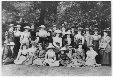 Image: Class photo of the boarders of London's Queens College with Miss Clara Wood, Regents Park, London