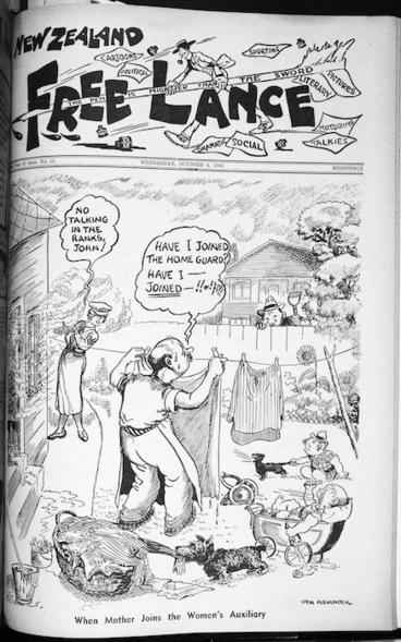 Image: Photograph of a front page of the periodical New Zealand Free Lance, featuring a cartoon by Ken Alexander titled "When mother joins the Women's Auxiliary"