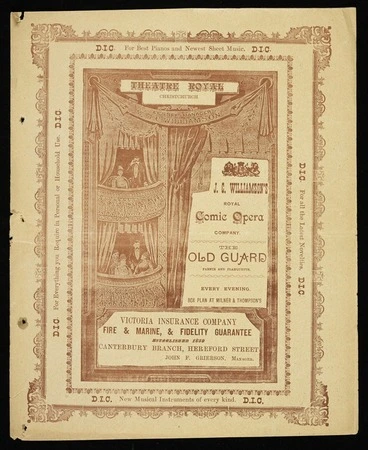Image: J C Williamson's Royal Comic Opera Company :The old guard, [by] Farnie and Planquette. Every evening. Theatre Royal Christchurch [Wednesday November 15, 1892. Front cover].