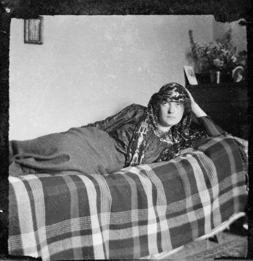 Image: Katherine Mansfield wearing an Arabian shawl, Rottingdean, Sussex, England