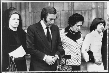 Image: Television personality David Frost assisting Mrs Ruth Kirk and her daughters from Westminster Abbey, London, England, after a memorial service for the late Prime Minister Norman Kirk