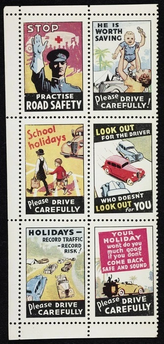 Image: [New Zealand. Transport Department?]: [Half-sheet of road safety cinderellas. ca 1938]
