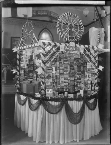 Image: "Christmas cards for home mail" display, several with greetings from "the Knox Church Bazaar, Christchurch"
