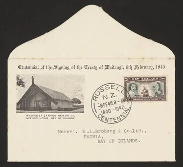 Image: [New Zealand Post Office] :Centennial of the Signing of the Treaty of Waitangi, 6th February, 1840. Waitangi carved memorial meeting house, Bay of Islands [First day cover. 1940]