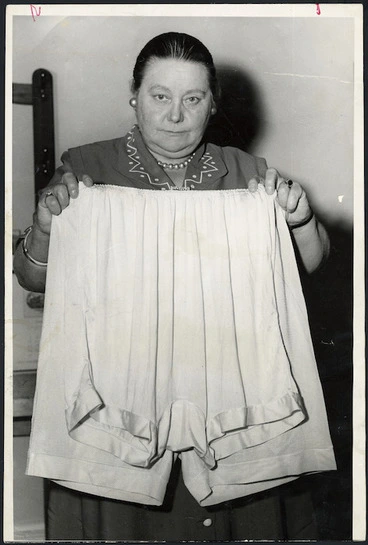 Image: Member of Parliament, Mabel Howard, demonstrating that oversize bloomers vary in size