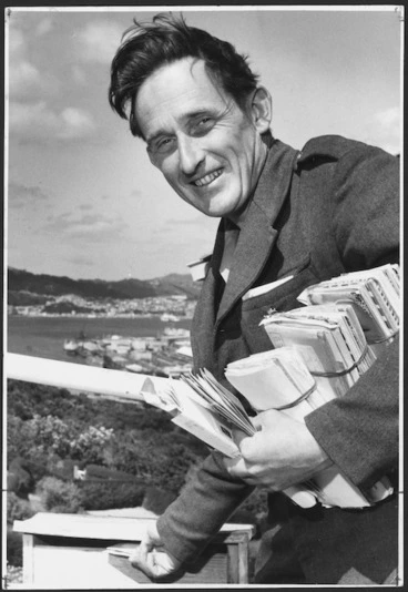 Image: Poet James K Baxter, doing his postal round in Khandallah, Wellington
