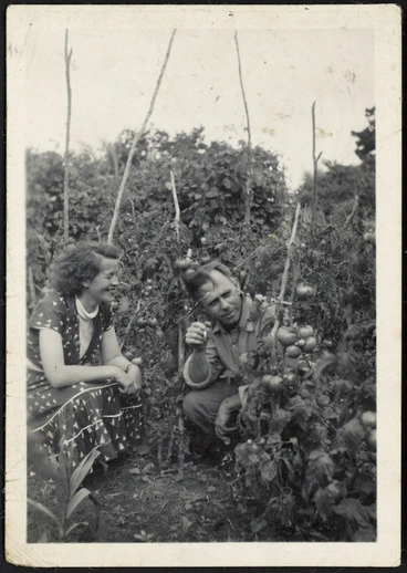 Image: Frank Sargeson in the garden of his Takapuna home, Auckland, with Christine Cole