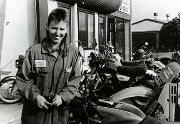 Image: Upper Hutt Motorcycles; Rose Durrant; first apprentice motorcycle mechanic, Wellington region.