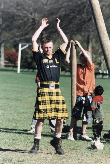 Image: Highland Gathering, 2002, Harcourt Park; Dave Willis; second in caber toss; wearing a McLeod tartan.