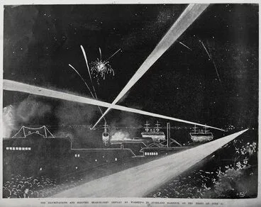 Image: The illuminations and electric searchlight display by warships in Auckland Harbour, on the night of June 11.