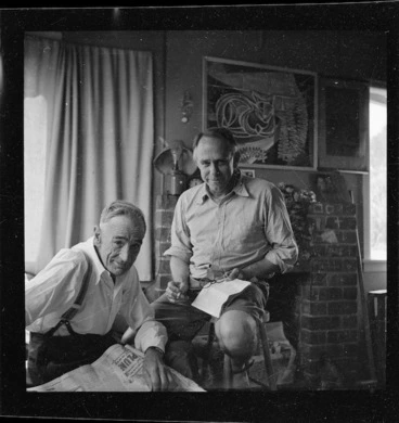 Image: Frank Sargeson and Harry Doyle at Frank Sargeson's bach, Esmonde Road, Takapuna, Auckland