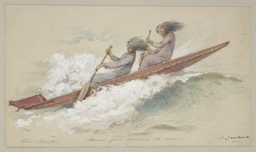 Image: Strutt, William, 1825-1915 :Maori girls shooting the waves. N. Zealand. [1855 or 1856]