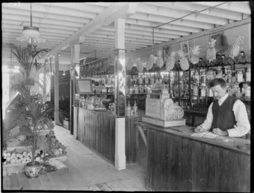 Image: Greengrocer, shop interior with cash register, Christchurch