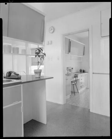 Image: House interior, kitchen and sewing room, Shuker house, Titahi Bay, Porirua