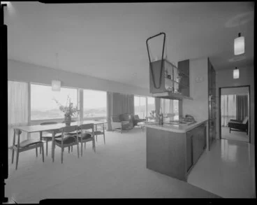 Image: Open plan kitchen, living room, dining room interior of unidentified house
