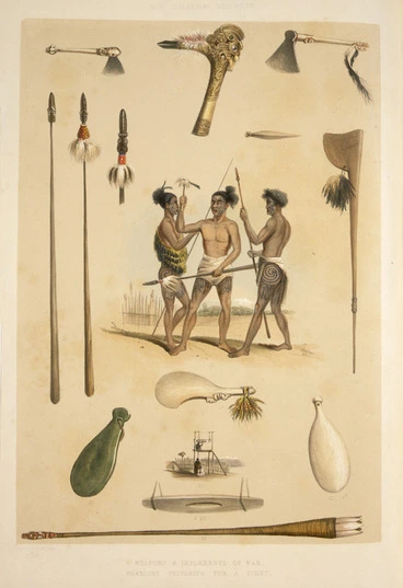 Image: Angas, George French, 1822-1886 :Weapons and implements of war ; warriors preparing for a fight. George French Angas [delt]; J. W. Giles [lith]. Plate 58, 1847.