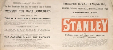 Image: Theatre Royal (Christchurch) :Visit to Christchurch of Mr H. M. Stanley, the Columbus of Central Africa. Monday, Tuesday, Wednesday, Thursday, Jan[uary] 25 to 28. A remarkable event. 1892.