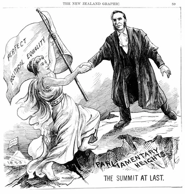 Image: The summit at last, suffrage cartoon