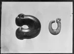 George Ebbett Collection, two Maori Greenstone hooks, Hawke's Bay District