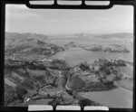 View of Port Chalmers, Dunedin City, with Roseneath in the foreground, and Dunedin-Port Chalmers Road, looking north to Otago Peninsula and Heads beyond