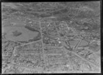 Newmarket Borough, Auckland City, view east showing Auckland Domain with Auckland Public Hospital, Park Road and Carlton Gore Road, Khyber Pass Road, Mount Eden Prison, railway line, Auckland Grammar School, Remuera and Hobson Bay beyond