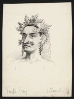 [Sellier, P] :Santa Cruz; habitant de Santa-Cruz, ile de la Reine-Charlotte, avec les narines ornis de fleurs rouges et son front [?] couvert de feuillages [1894?]