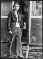 Iris Wilkinson at door of caravan, Pope's Hall, Kent