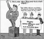 Lodge, Nevile Sidney, 1918-1989 :I declare New Zealand nuclear free! Not free, Prime Minister - it's going to cost millions and millions of dollars. Review of added defence cost due to N.Z. nuclear ban. New Zealand stands alone. Evening Post. 26 April 1985.