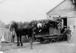 The last horse tram, full of passengers, leaving Kumura for Teremakau to connect with the Greymouth tram