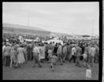 Crowd around a De Havilland Vampire jet fighter, Wigram Aerodrome, Christchurch