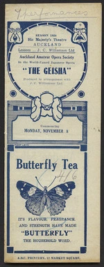 Levy, Mark, fl 1920-1930s :Auckland Amateur Opera Society in the world-famed Japanese opera "The geisha", produced by arrangement with J C Williamson Ltd. Season 1920. His Majesty's Theatre Auckland, commencing Monday, November 8 [1920. Programme cover]