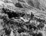 Men alongside the William Quill Memorial at Gertrude Saddle