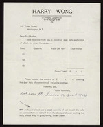 Wong, Harry, fl 1940s :Harry Wong [Receipt for parcel of deer tails. ca 1940?]