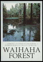 Jenkinson, Megan L, 1958- :Waihaha Forest. "... in Waihaha there is a sense of immemorial music, age-long and dimly heard ... a New Zealand aeons before traps were set, or spears were cut, or axes began to swing ...". Photograph Ian Macdonald. [Front of poster. 1984]