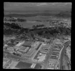 Hamilton and Lake Rotoroa, with industrial area in foreground, possibly including Hamilton Hardware Ltd