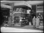 Hall's Stationery Shop, bookshop and magazines with staff out front, Hastings, Hawke's Bay District