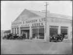 Anderson & Hanson car show rooms for Hudson, Essex, Austin and Dodge motor cars, with new car out front on Avenue Road, Hastings, Hawke's Bay District