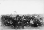 Beattie & Sanderson, 1897-1900 : Prime Minister John Seddon, Maori King Mahuta Tawhiao, and others during a Maori land meeting at Wahi Pa, Waikato