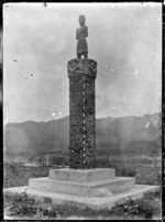 Carved wooden Maori cenotaph at Te Koura Marae, in memory of influenza epidemic