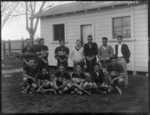 Porangahau men's hockey team, standing in front of a shed, Nelson Park, [Napier?]