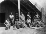 Group of Ngāti Hauā Māori, outside Te Wai O Turongo meeting house, near Matamata