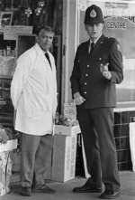 Community Constable Greg Hikaka with Ratilal Patel, Courtenay Place, Wellington - Photograph taken by Martin Hunter