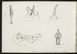 Barraud, William Francis 1850-1926 :Sketches at the "Military Sports", Dunedin. N. Z. Bobby. Mounted Bobby. A "Foot-pad". Trotting race. A plunger. [1884]