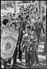 Boys from St Patrick's College, Wellington, marching through city streets to their new school buildings in Kilbirnie - Photograph taken by Ross Giblin