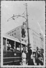 Captured German film showing body of Velimir Jovanovic, hanging on street corner, Belgrade, World War II