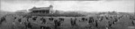 [Panoramic view of stands and crowd at Trentham Race Course]