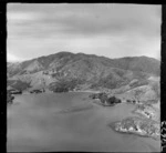 Rawhiti Point, view of Rawhiti Bay and settlement with farmland and scrub, Bay of Islands, Northland